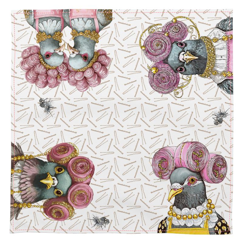 15.75" x 15.75" hand-stitched cotton cloth napkin featuring pigeons wearing rollers with a bobby pin background.