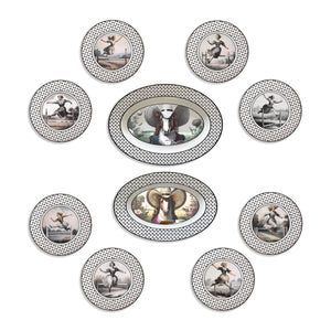 13 Piece Fine China Set featuring women jumping equestrian obstacles while the horses judge: 14" and 12" Oval Platters, (8) 8.25" Appetizer Plates