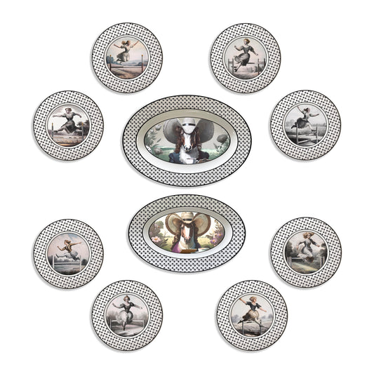 13 Piece Fine China Set featuring women jumping equestrian obstacles while the horses judge: 14" and 12" Oval Platters, (8) 8.25" Appetizer Plates