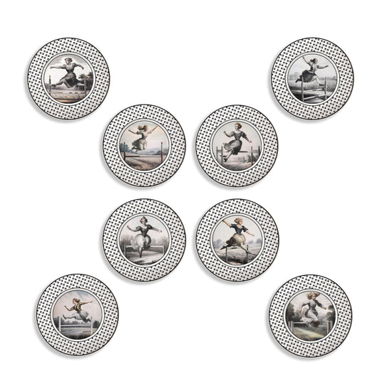 Set of 8 Fine China 8.25" Appetizer plates featuring different vintage dressed women jumping over equestian obstacles.