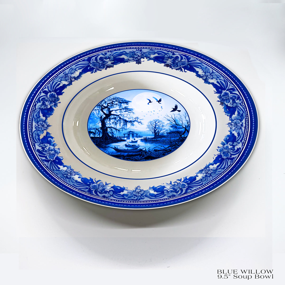 9.5 in. Rimmed Fine China Soup Bowl featuring our Blue Willow apocalyptic landscape center design.