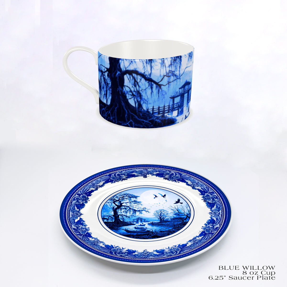 Fine China 8 oz. Cup with matching rimmed 6.25" saucer.  The cups have the landscape image wrapped around the cup.