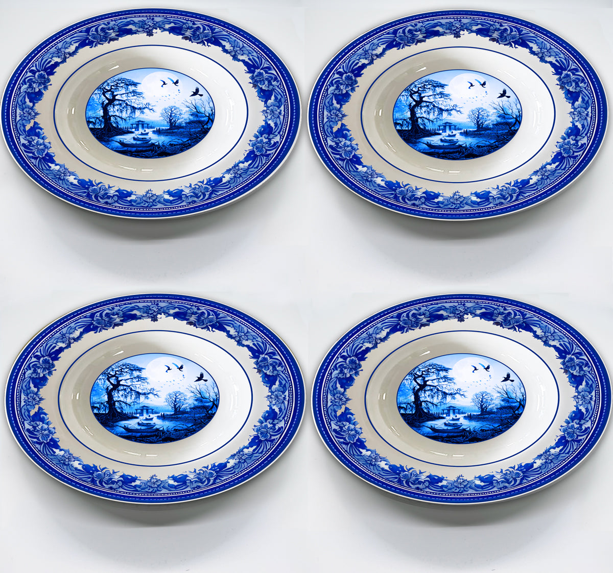 Set of 4 9.5 in. Rimmed Fine China Soup Bowls featuring our Blue Willow apocalyptic landscape center design.