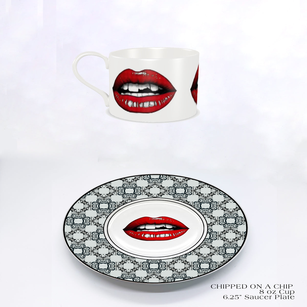 Fine China Cup with matching rimmed 6.25 in. saucer. 8oz. cup features Red Lips Smiling with a Chipped Tooth with the broken tooth inside.