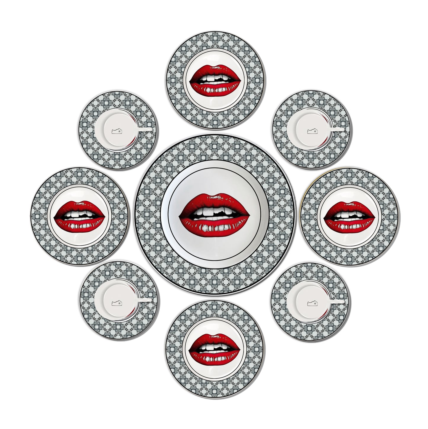 13 Piece Fine China Set featuring Red Lips Smiling with Chipped Tooth: 12" Platter, (4) 8.25" Appetizer Plates, (4) 8 oz. Cups and 6.25" Saucers