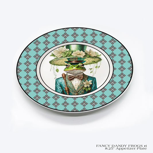 8.25" Fine China Rimmed Appetizer Plate featuring a well dressed dandy frog.