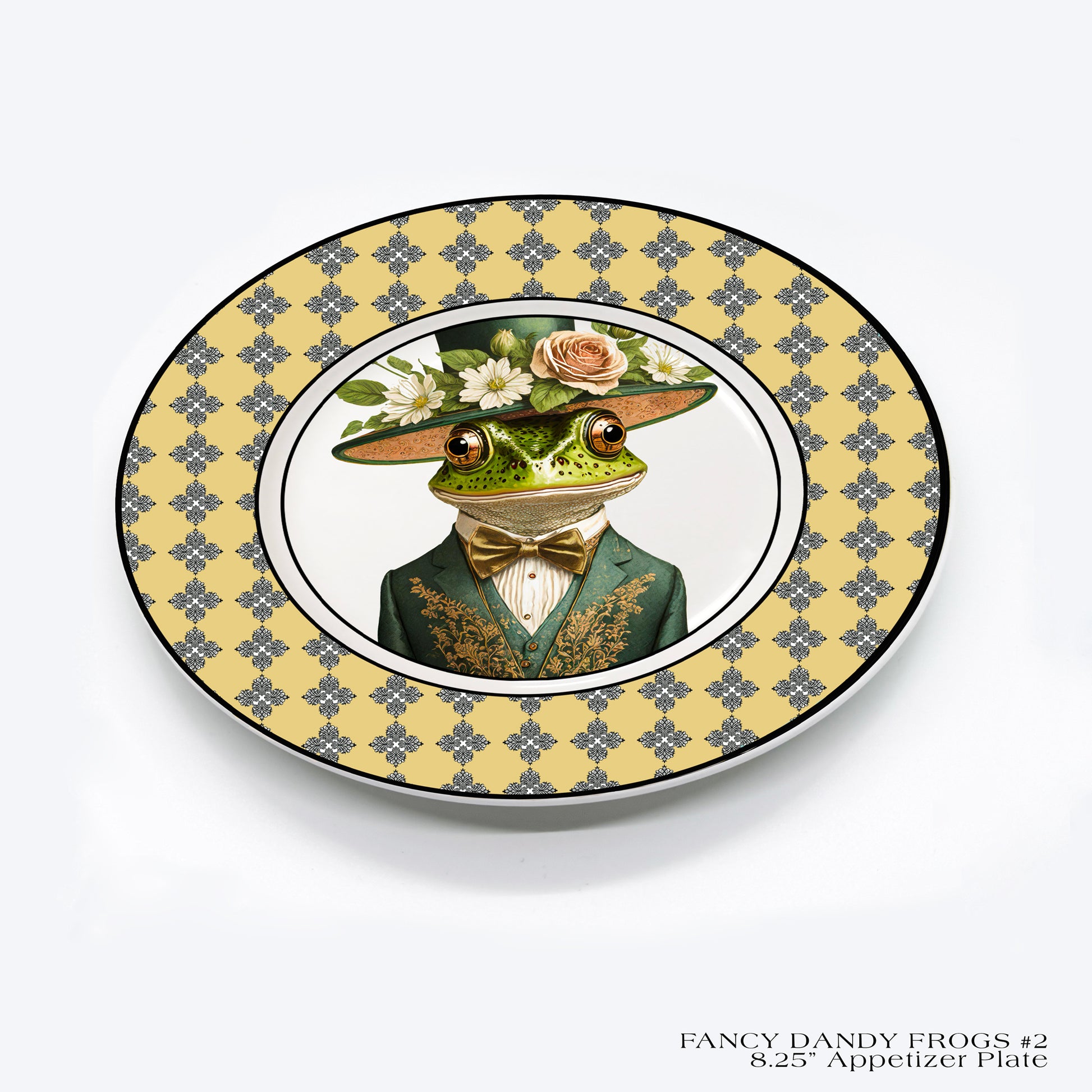 8.25" Fine China Rimmed Appetizer Plate featuring a well dressed dandy frog.