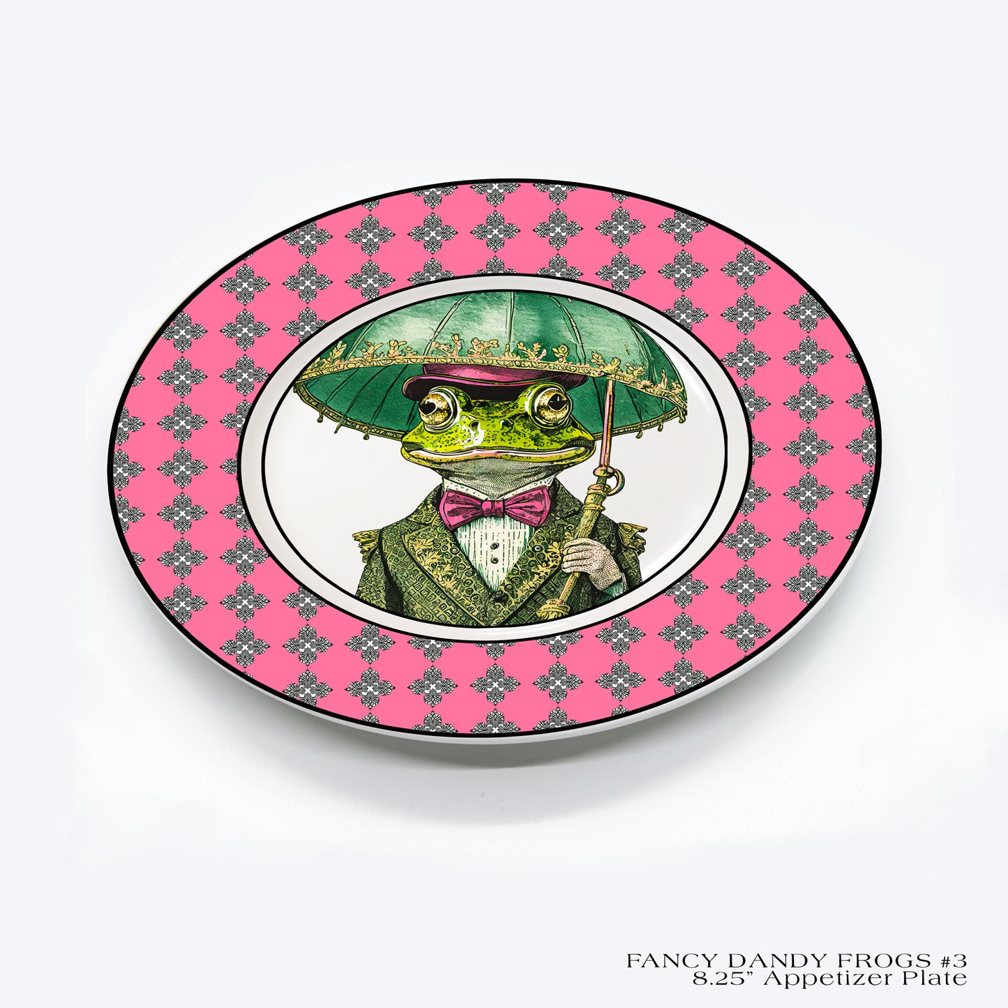 8.25" Fine China Rimmed Appetizer Plate featuring a well dressed dandy frog.