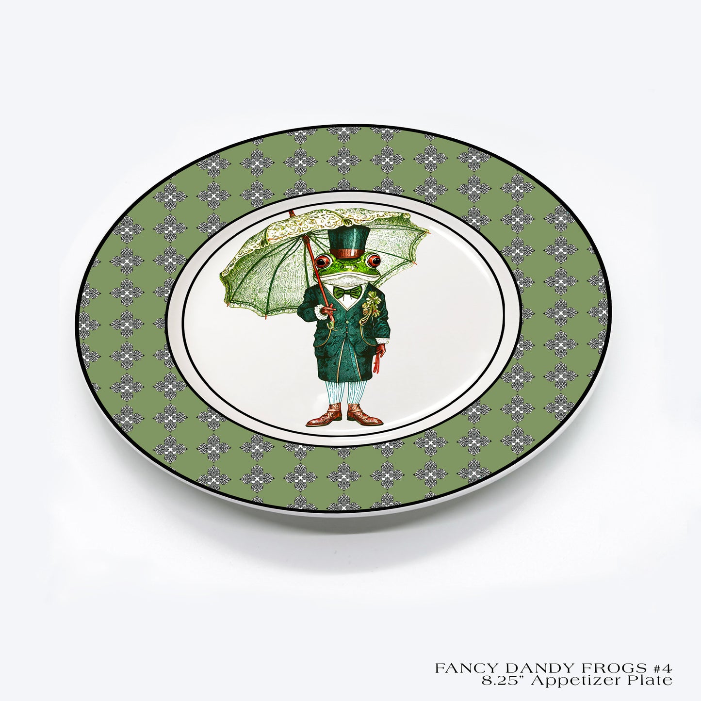 8.25" Fine China Rimmed Appetizer Plate featuring a well dressed dandy frog.