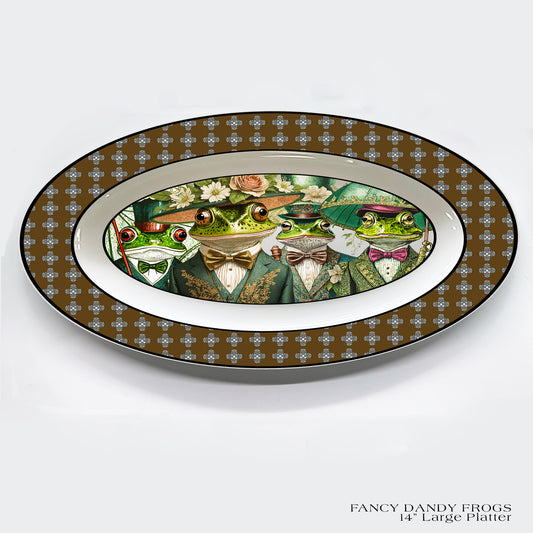 14" Fine China Oval Rimmed Platter featuring four well dressed dandy frogs.