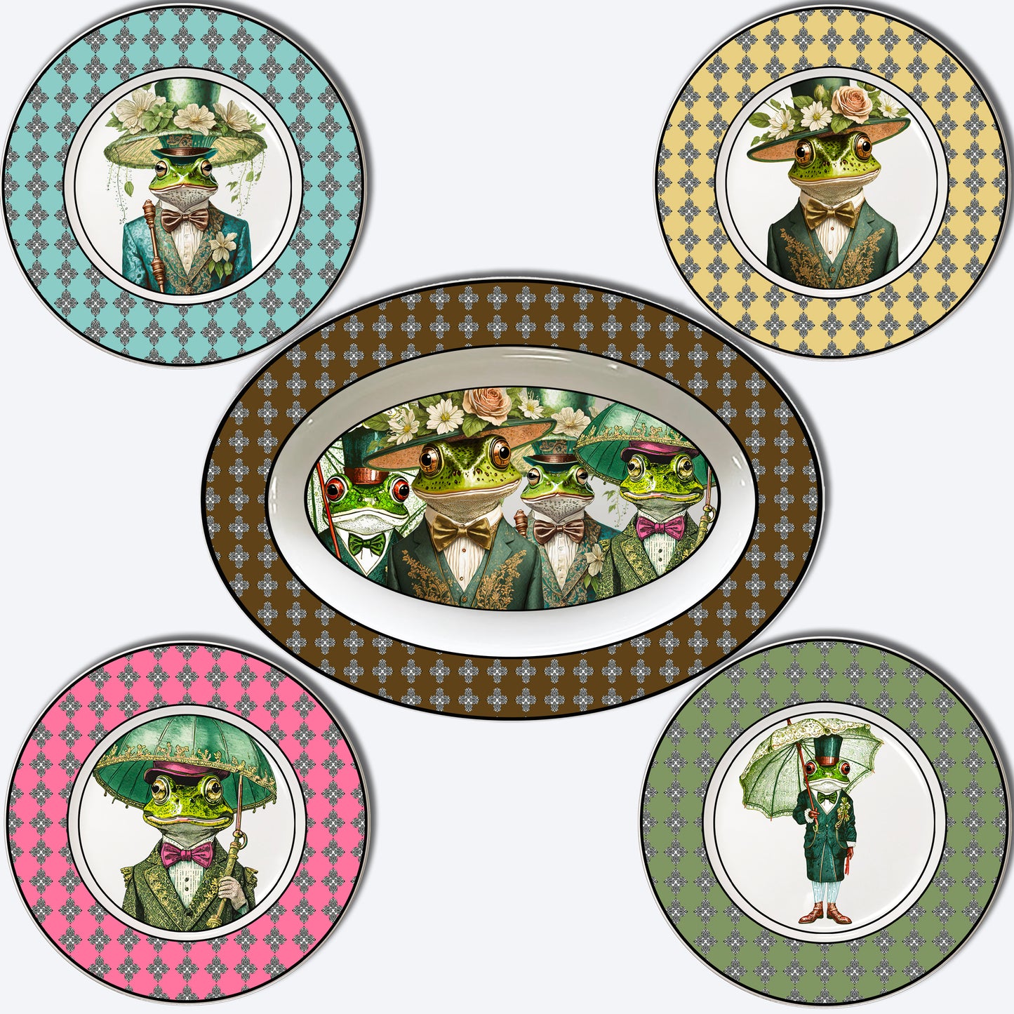 14" Fine China Rimmed Oval Platter and 4 8.25" Appetizer plates featuring well dressed frogs with a patterned rim.