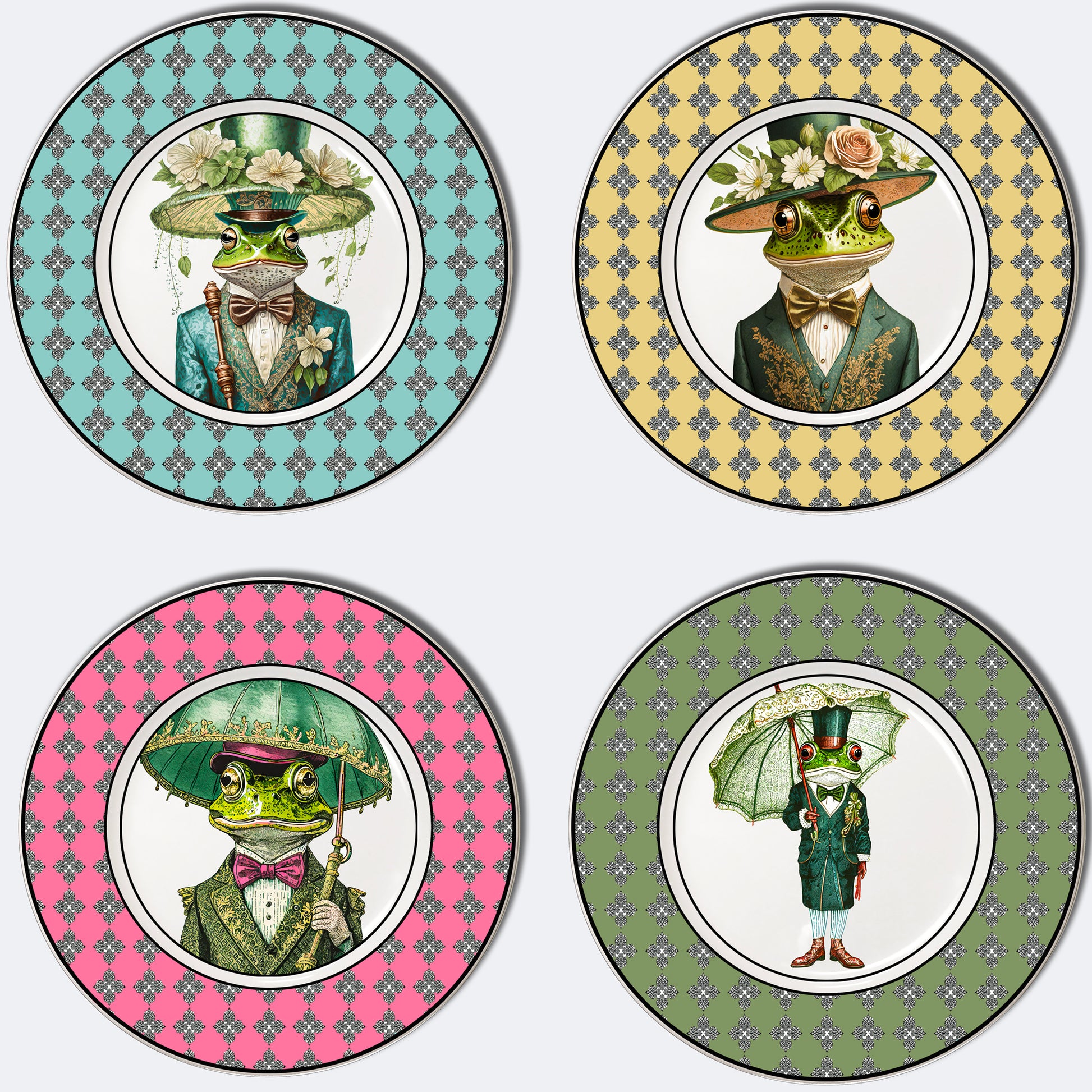 Set of 4 Fine China 8.25" Appetizer plates featuring well dressed frogs, each with a different colored patterned rim.