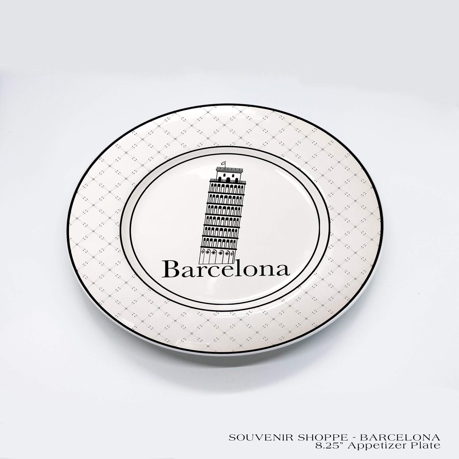 SOUVENIR Fine China Appetizer Plates featuring "Barcelona" with the Leaning Tower of Pisa