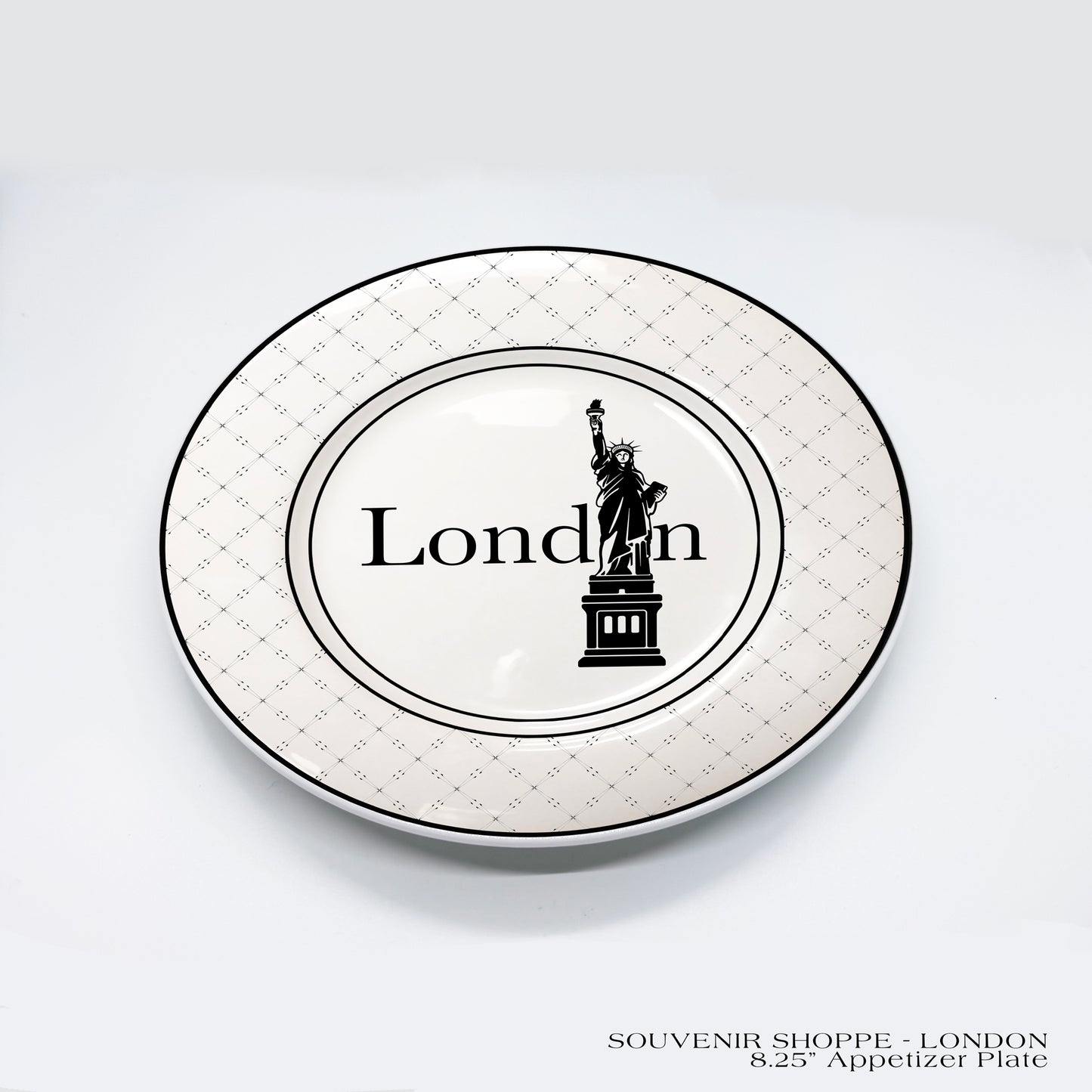 SOUVENIR Fine China Appetizer Plates featuring "London" with the Statue of Liberty