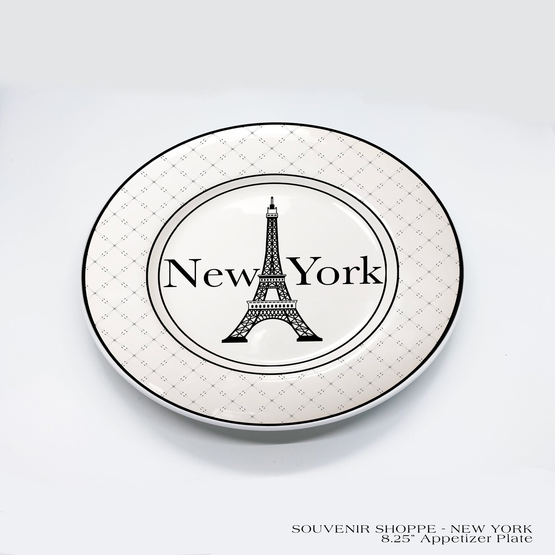 SOUVENIR Fine China Appetizer Plates featuring "New York" with the Eiffel Tower