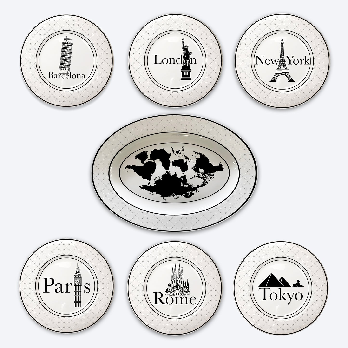 14" Oval Platter and 6 8.25" Round Rimmed Fine China Appetizer plates featuring familiar city and world monument names that don't match.