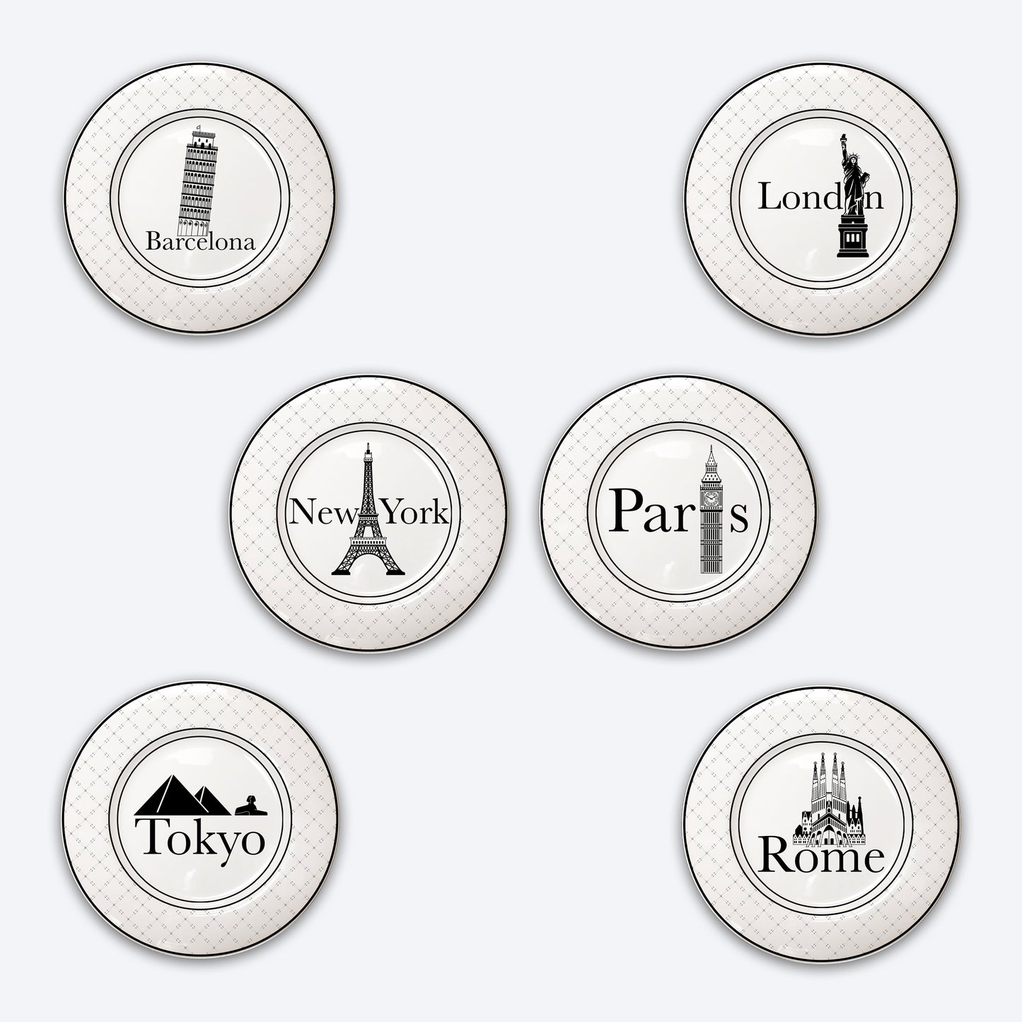 6 8.25" Round Rimmed Fine China Appetizer plates featuring familiar city and world monument names that don't match.