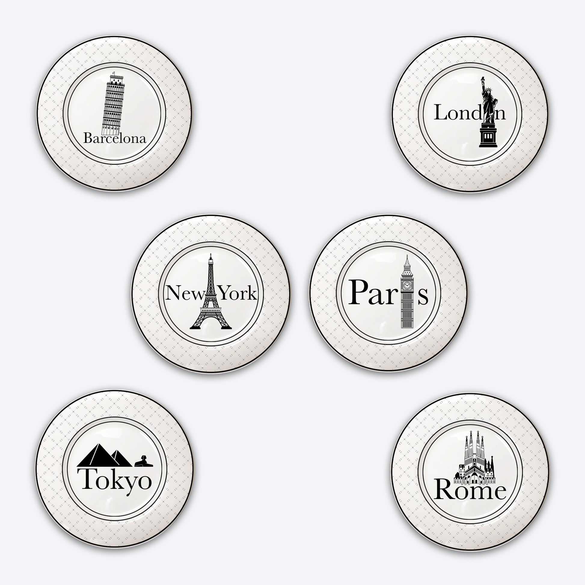 6 8.25" Round Rimmed Fine China Appetizer plates featuring familiar city and world monument names that don't match.