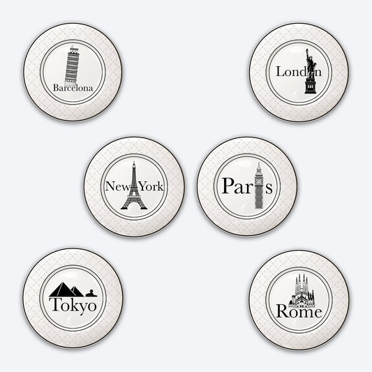 6 8.25" Round Rimmed Fine China Appetizer plates featuring familiar city and world monument names that don't match.